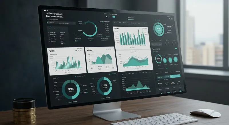 A dark-themed business dashboard displaying various graphs and metrics on a computer screen