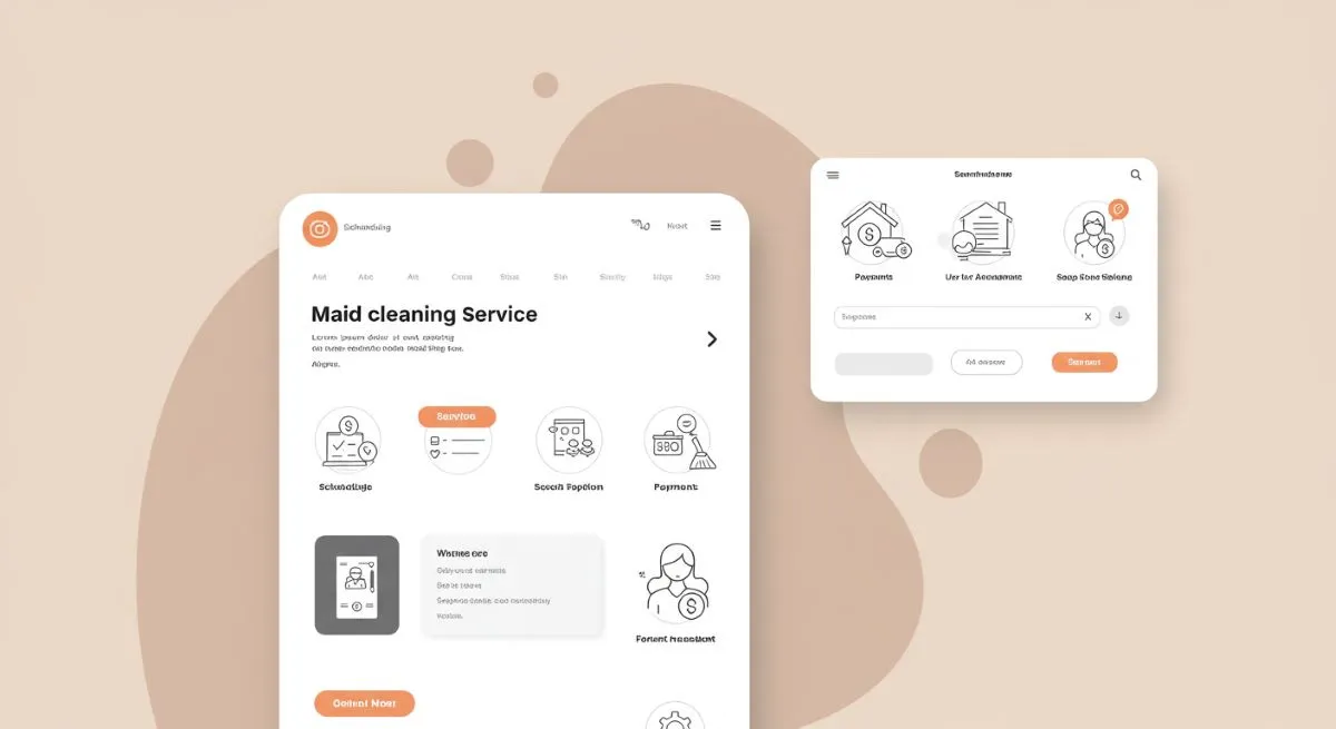 Maid cleaning service website interface with service icons and payment options.