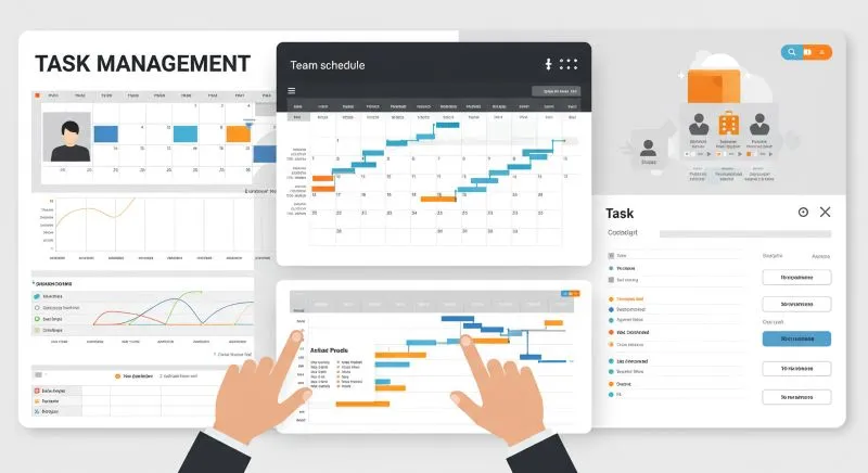 The image shows a task management interface with charts, calendar, and task list.