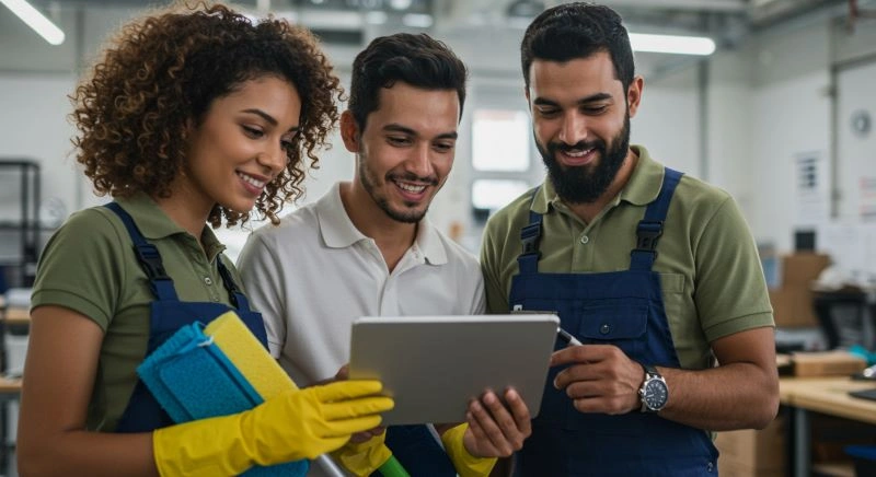 Three coworkers in workwear using a tablet together in a warehouse
