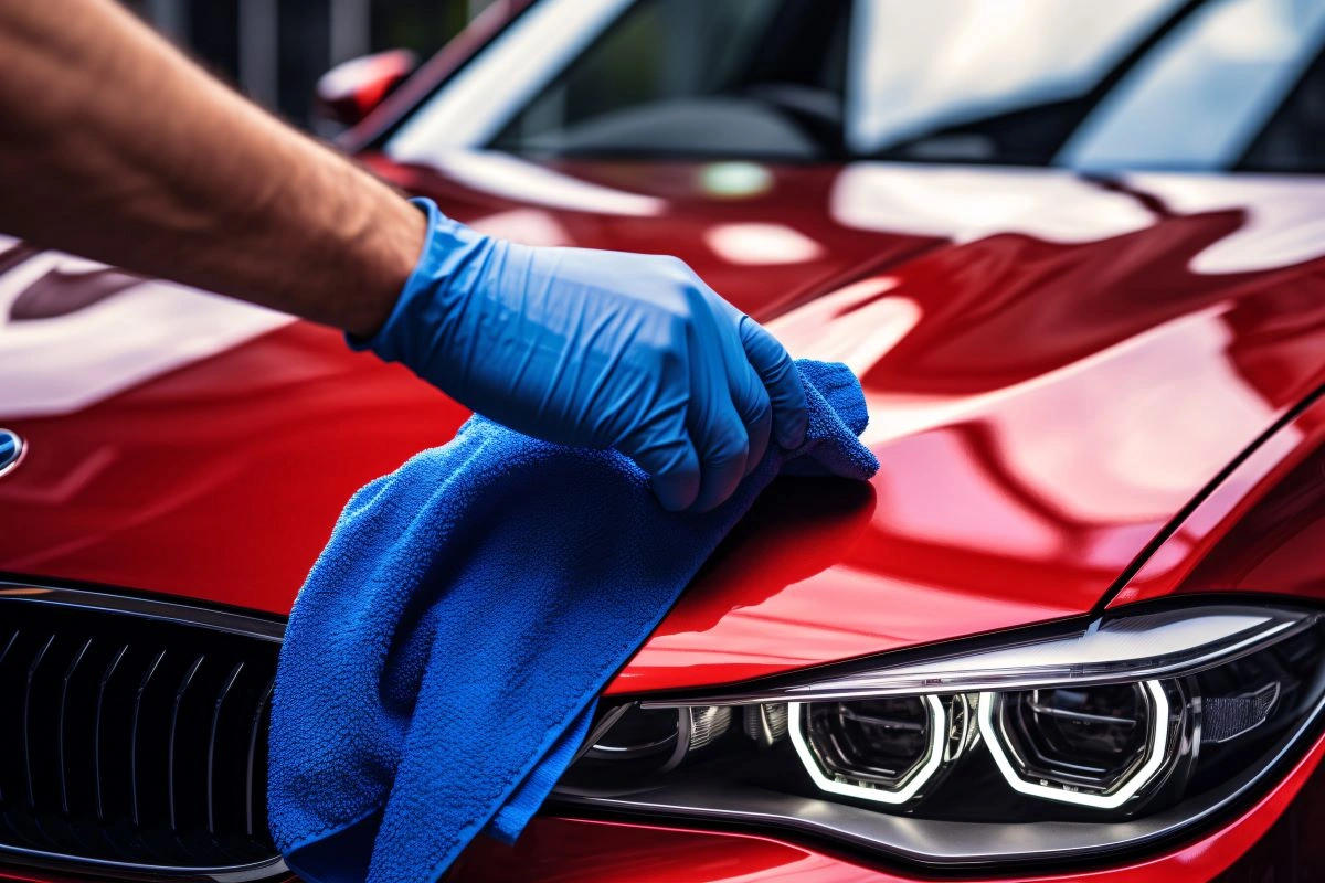 A person cleaning the surface of a red car with a blue cloth.