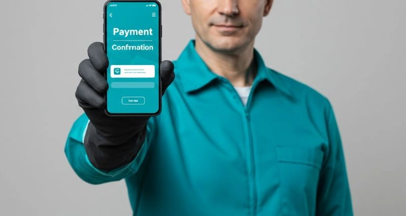 "Man in teal uniform holding a phone displaying a payment confirmation."