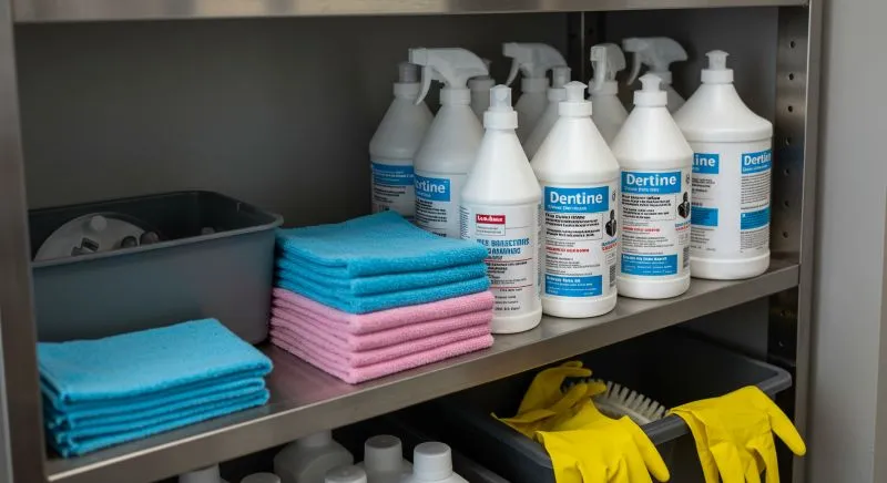 Cleaning supplies for cleaning business, including bottles and cloths.