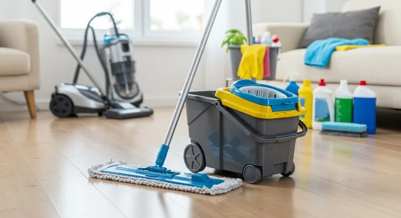 Cleaning supplies for cleaning business, featuring mop and buckets.