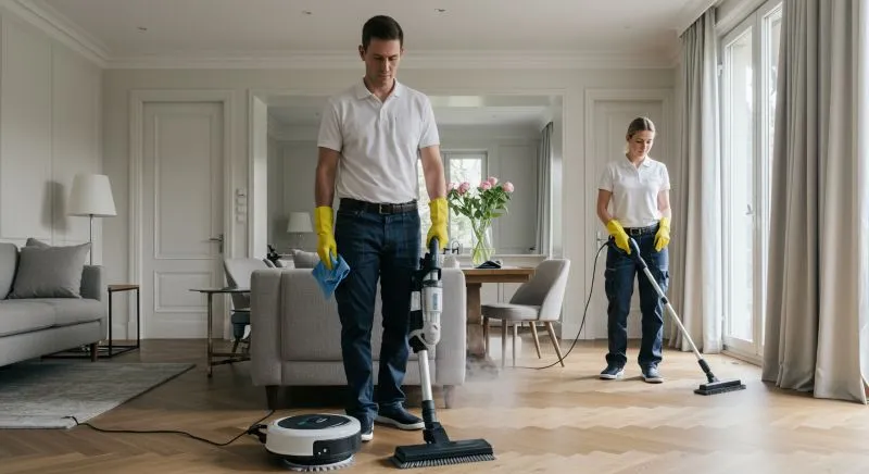 Cleaning advertisement: professionals using equipment for cleaning.