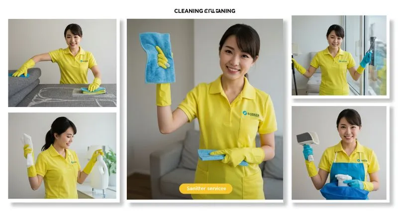 Cleaning advertisement: staff showcasing cleaning supplies and services.